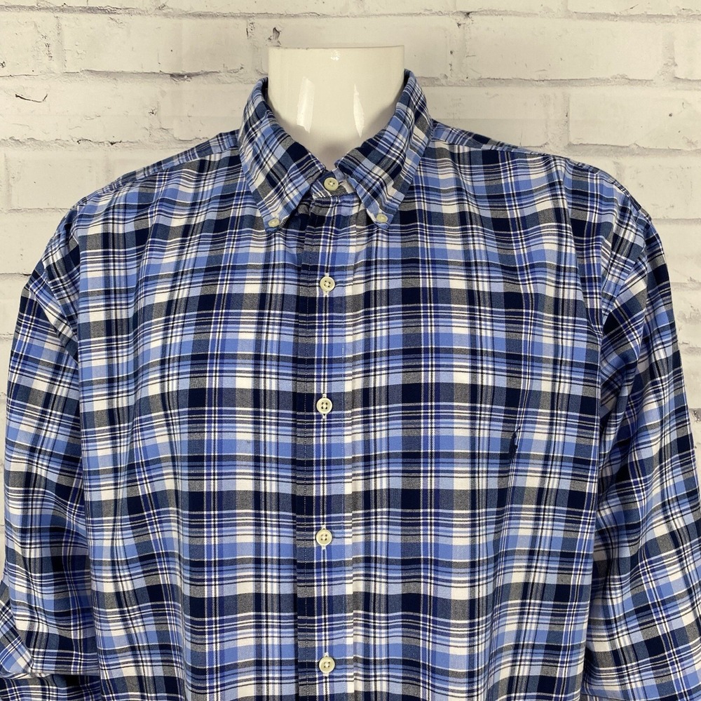 Ralph Lauren Shirt Men's 2XB Big Long Sleeve Button‎ Down Blue Plaid Pony